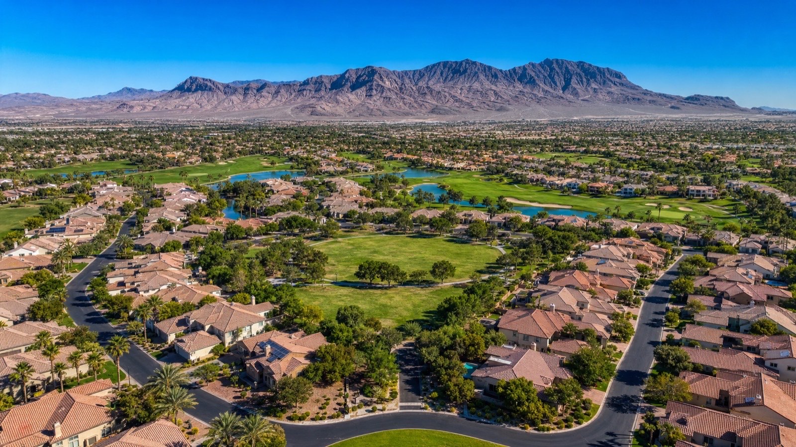 Aliante master-planned community aerial view in North Las Vegas — new construction suburbs 2026